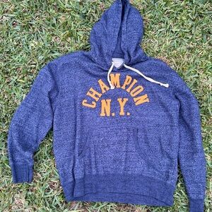 Vintage Style Champion Blue Hoodie with Yellow Print